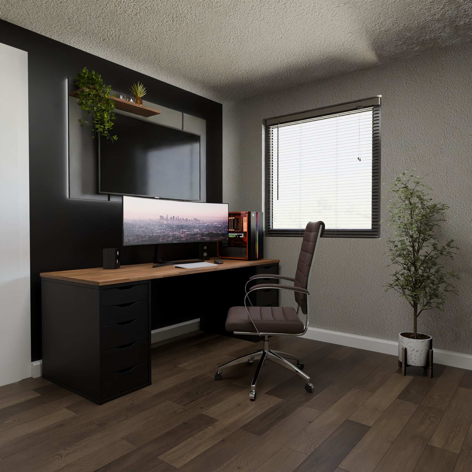 Büro mit Monitor und Schreibtisch, minimalist desk setup monitor